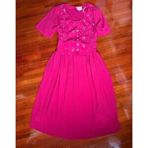 Vintage 70’s S L Fashions Magenta Pink Floral Embroidered Crepe Dress 24 Plus 3X